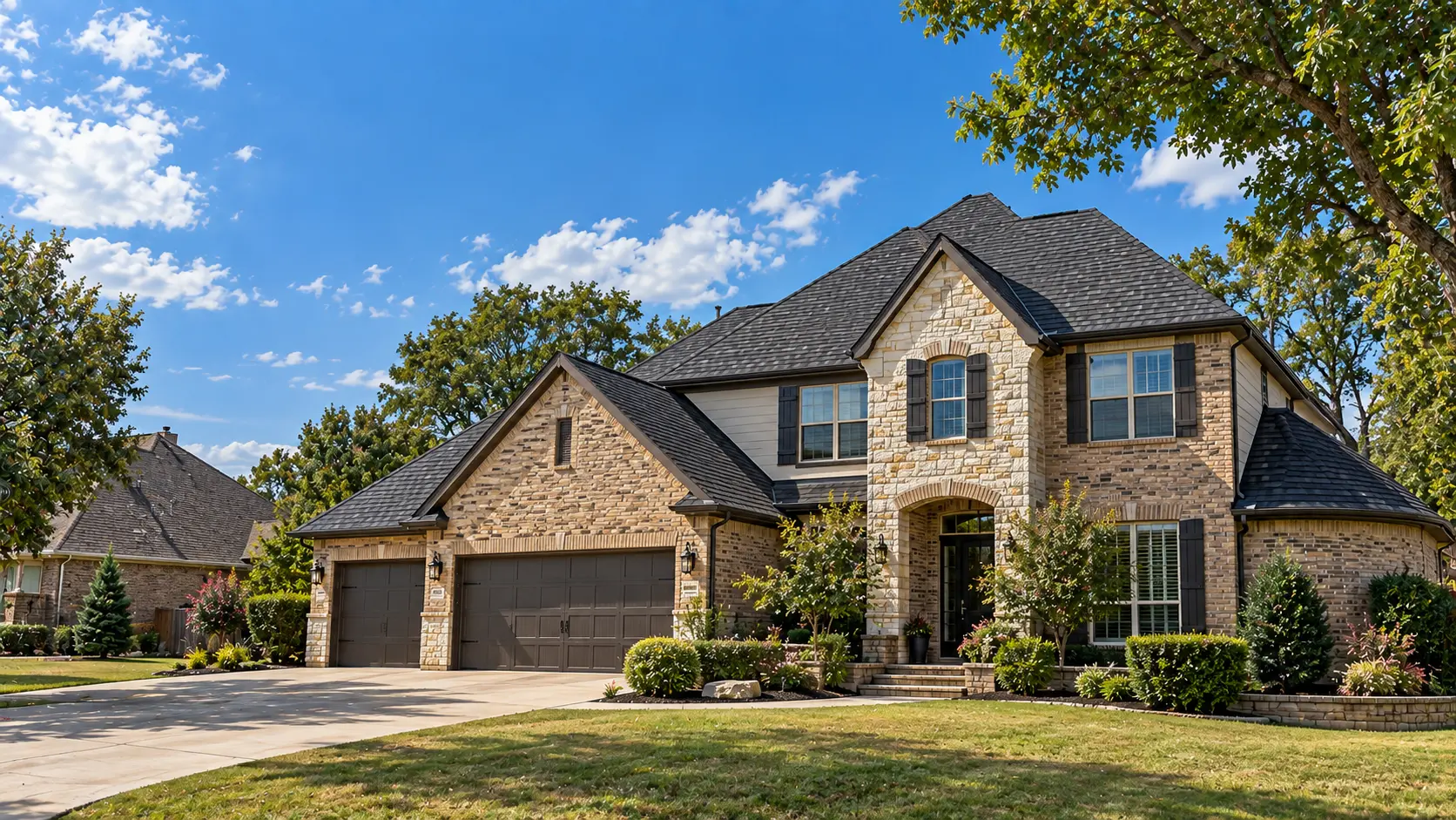 Two-story brick and stone home with a new dark asphalt shingle roof under a blue sky