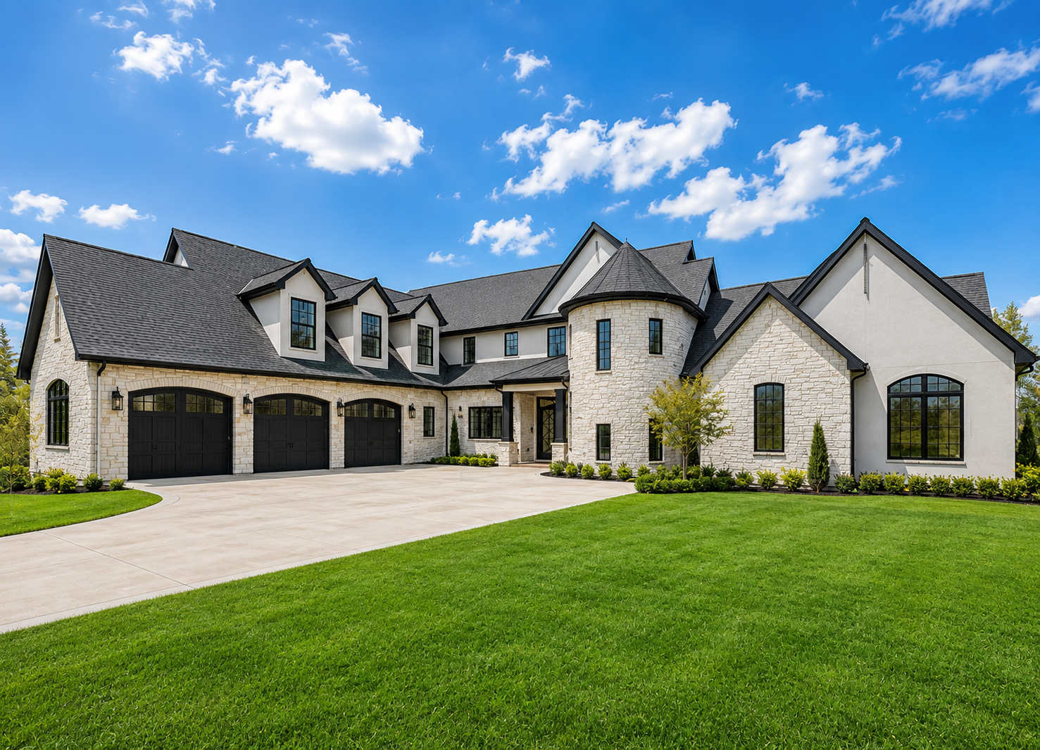 Bright daytime view of a premium residential home with a new asphalt shingle roof