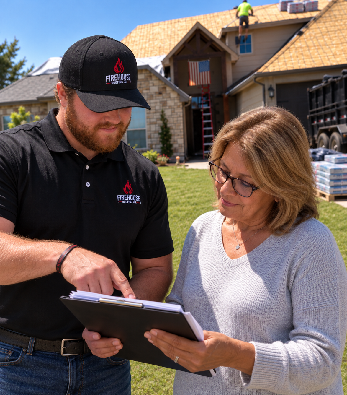 FireHouse Roofing representative reviewing paperwork with a homeowner outside her home