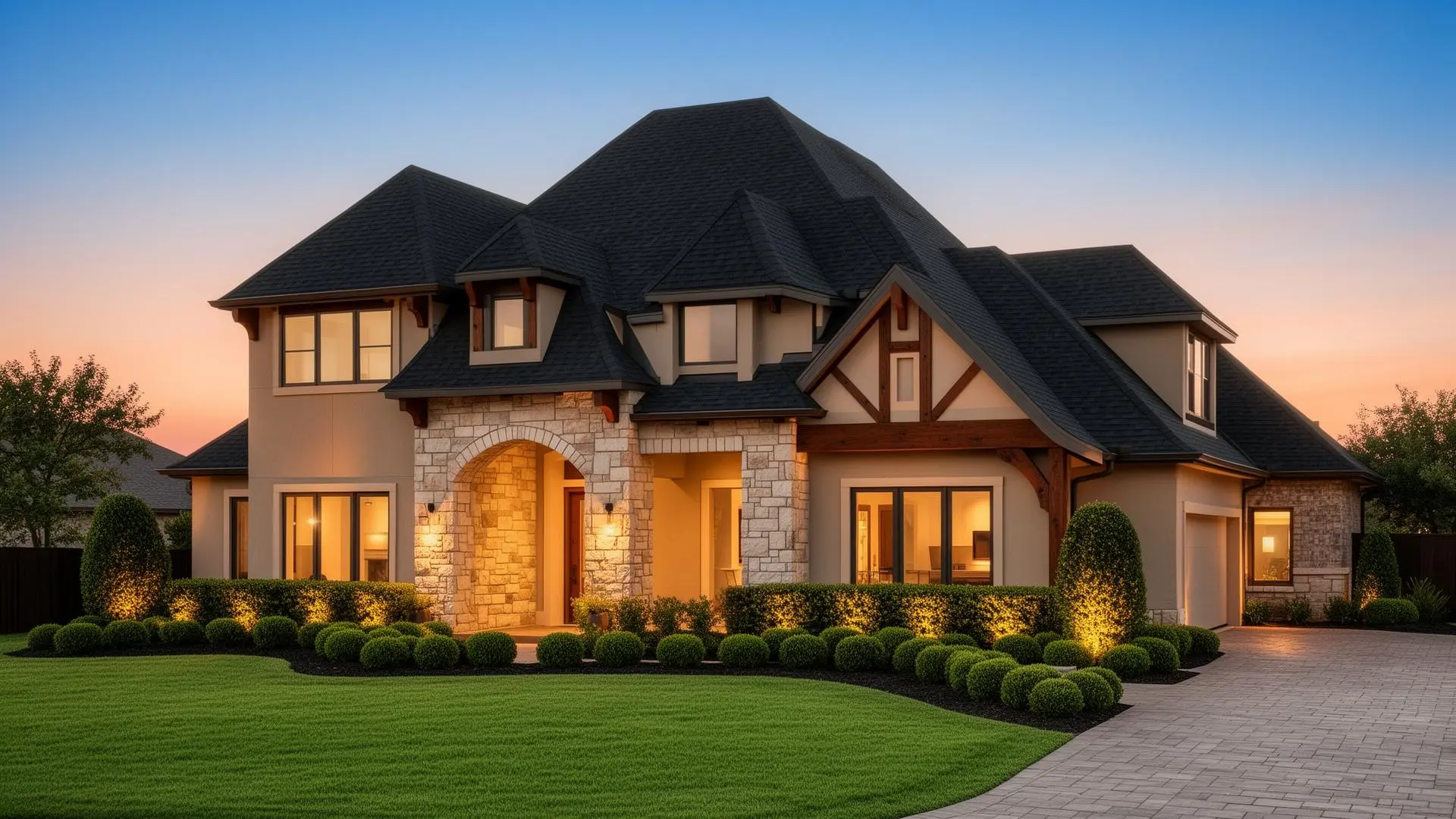Premium residential home with beautiful roof at golden hour